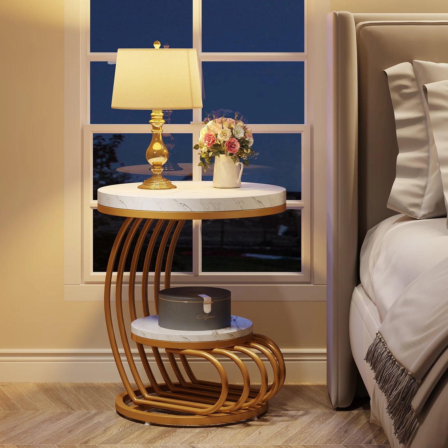 2 Tiers Faux Marble Round End Side Table